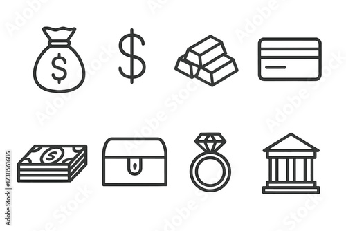 Wealth Icon Set. Outline icon set of wealth accumulation: money bag, dollar sign, gold bars, credit card, stacks of cash, treasure chest, diamond ring, bank
