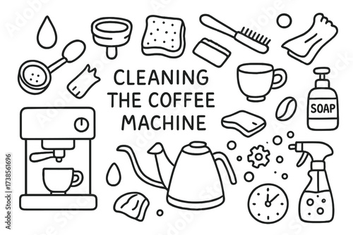 Coffee Machine Cleaning. Hand-drawn doodle illustration Cleaning the coffee machine coffee machine, portafilter, water droplet, sponge, brush, cloth, soap