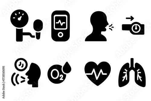 Breath Monitoring Icons. Solid, filled icon set of breath monitoring: spirometer, pulse oximeter, breathalyzer, airflow sensor, respiratory rate, oxygen level,