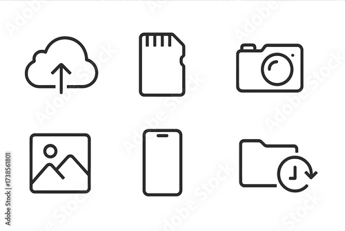 Digital Memory Icons. Outline icon set of digital memories: cloud storage, memory card, USB drive, camera, photo gallery, smartphone, folder, backup. Line