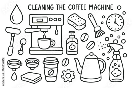 Coffee Machine Cleaning. Hand-drawn doodle illustration Cleaning the coffee machine coffee machine, portafilter, water droplet, sponge, brush, cloth, soap