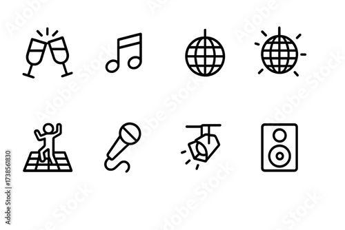 Party Icon Set. Outline icon set of party moments: clinking glasses, music notes, disco ball, dance floor, microphone, stage light, DJ turntable, speaker.