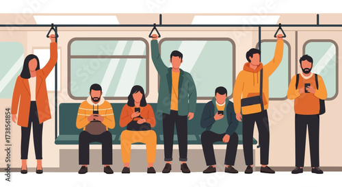 Diverse People Traveling Together Inside a Modern Public Transportation Train Commuting Daily