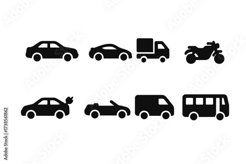 Vehicle Icon Set. Solid, filled icon set of vehicle types: sedan, sports car, truck, motorcycle, electric car, convertible, van, bus. [Solid, filled icons in