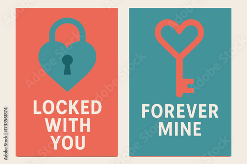 Heart Lock Banners. Lock & Key. Two vertical A6 banners, modern, coral and teal backgrounds, stylized lock and key forming a heart, first banner with text