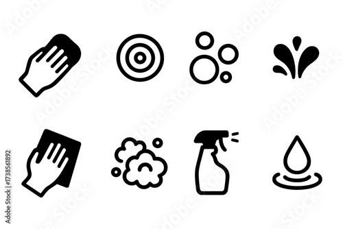 Cleaning Icon Set. Solid, filled icon set of scrubbing hand motions: hand holding sponge, scrubbing circles, foam bubbles, water splash, wiping cloth, soap