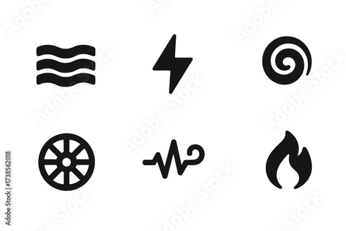 Energy Flow Icons. Solid, filled icon set of energy flow: flowing river, electric spark, lightning strike, spiral vortex, spinning wheel, heartbeat, wind gust,