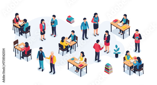 Diverse Group of Students and Educators Engaged in Various Learning Activities and Discussions Within a Modern Educational Setting Illustration