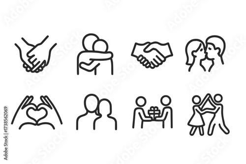 Affectionate Gesture Icons. Outline icon set of affectionate gestures: holding hands, hugging couple, handshake, cheek kiss, heart hands gesture, couple