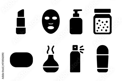 Mint Cosmetic Icons. Solid, filled icon set of mint cosmetic and health products: lip balm, face mask, lotion bottle, bath salt, soap bar, essential oil