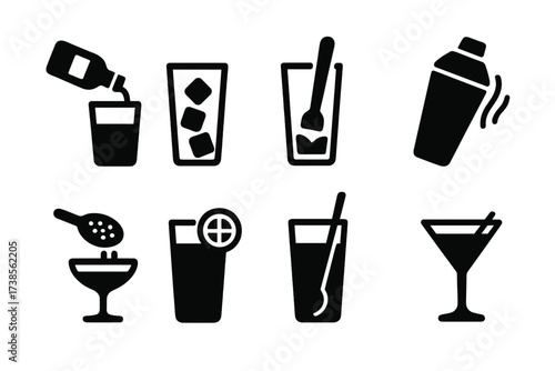 Cocktail Making Icons. Solid, filled icon set of cocktail mixing steps: pouring alcohol, adding ice, muddling ingredients, shaking drink, straining into glass,