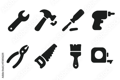 Abandoned Tool Icons. Solid, filled icon set of found tools: misplaced wrench, broken hammer, lost screwdriver, abandoned drill, dropped pliers, rusted saw,