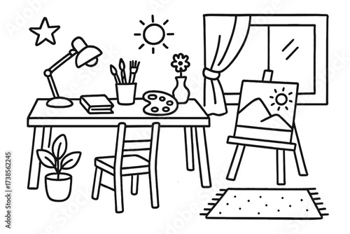 Creative Studio Essentials. Hand-drawn doodle illustration Spacious creative studio desk, chair, easel, paintbrush, palette, book, lamp, plant, vase, clock,