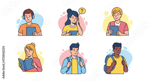 Illustrations Depicting Diverse Students Engaged in Learning and Technology Use Showing Various Educational Activities and Young People