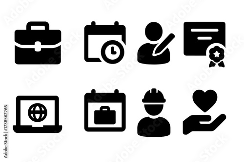 Employment Icons Set. Solid, filled icon set of employment types: full-time, part-time, freelance, internship, contract, remote work, temporary, volunteer.