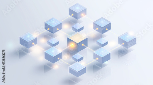 Isometric blockchain illustration, 3D digital blocks connected by glowing data links, clean modern design, white background