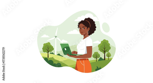 Woman working with laptop in a beautiful green landscape with wind turbines and trees symbolizing renewable energy and sustainable technology development