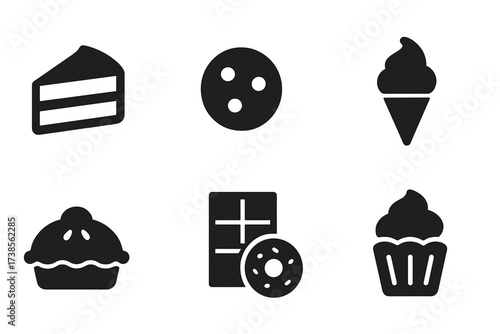 Black Dessert Icons. Solid, filled icon set of sugar desserts: cake, cookie, candy, ice cream, pie, chocolate, donut, cupcake. Solid, filled icons in only