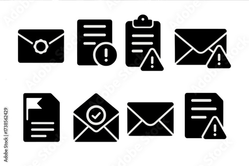 Official Notice Icons. Solid, filled icon set of official notice: letter with seal, document with exclamation, clipboard with alert, envelope with warning,