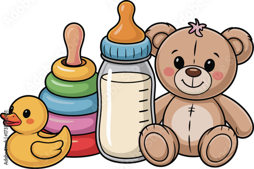 Baby Toys & Milk Bottle clip art vector on white background