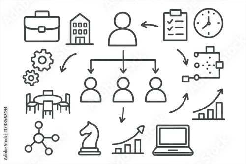 Business Hierarchy Chart. Hand-drawn doodle illustration organizational structure hierarchy chart, person icons, arrows, nodes, flowchart, briefcase, office