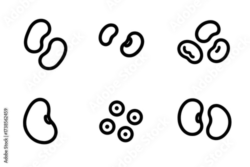 Legume Icons Grid. Solid, filled icon set of vegetarian protein legumes: kidney beans, navy beans, black-eyed peas, pinto beans, fava beans, mung beans,