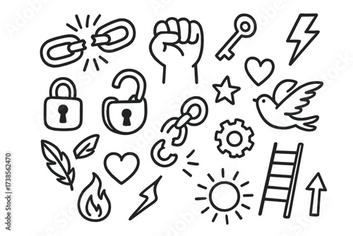 Breaking Free Icons. Hand-drawn doodle illustration Breaking chains broken chain links, fist, key, lock, shackle, lightning bolt, star, heart, gear, ladder,