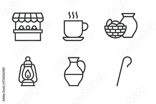 Iraqi Life Icons. Outline icon set of Iraqi daily life: market stall, tea cup, carpet loom, date basket, clay pot, lantern, water jug, shepherd staff. Line