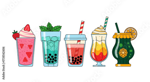 Vibrant Assortment of Delicious Refreshing Beverages Featuring Tropical Fruits and Bubbly Teas Perfect for Summer Enjoyment