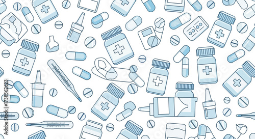 Seamless pattern with medical supplies and pharmaceutical items in a light blue color palette representing healthcare and treatment options for wellness and recovery
