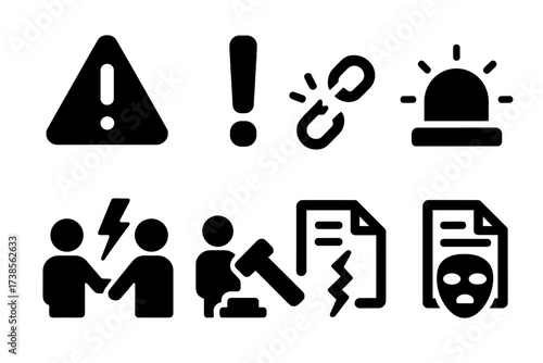 Risk Icons Grid. Solid, filled icon set of bid risks and challenges: warning sign, exclamation mark, broken chain, alarm bell, dispute, penalty, contract