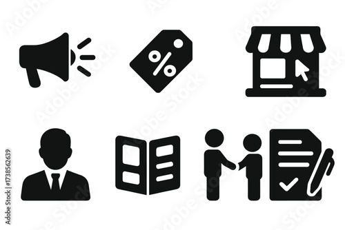 Sales Marketing Icons. Solid, filled icon set of sales marketing: advertisement, discount, flyer, online listing, sales agent, catalog, negotiation, contract.