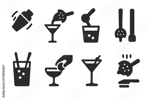 Cocktail Preparation Icons. Solid, filled icon set of strainer cocktail preparation steps: shaking, pouring, straining, muddling, stirring, garnishing,