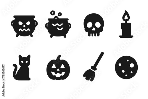 Halloween Icon Set. Solid, filled icon set of Halloween cauldron themes: spooky cauldron, bubbling brew, skull, candle flame, black cat, pumpkin, witch?s