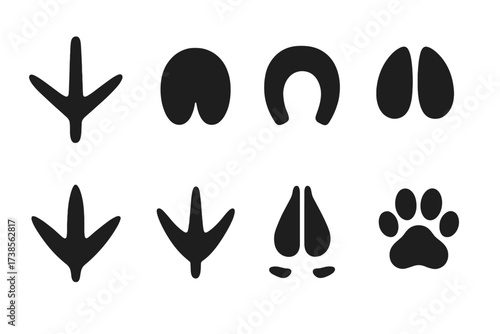 Farm Animal Tracks. Solid, filled icon set of farm animal tracks: chicken tracks, pig hoof print, horse hoof print, cow hoof print, sheep hoof print, goat hoof
