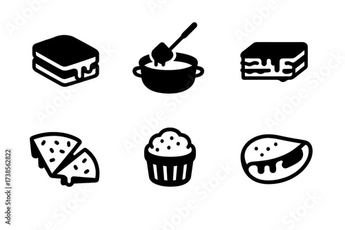 Cheese Dish Icons. Solid, filled icon set of cheese dishes: grilled cheese, cheese fondue, cheese platter, lasagna, quesadilla, cheese souffle, macaroni and
