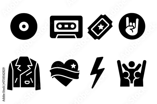 Rock Culture Icons. Solid, filled icon set of rock music culture: vinyl record, cassette tape, concert ticket, band logo, leather jacket, tattoo, electric