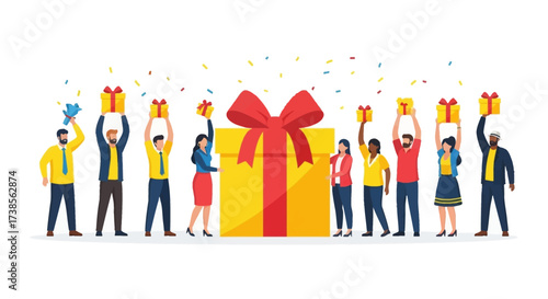 Excited people holding gifts and celebrating a special occasion with a giant present in the middle
