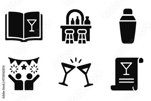 Vintage Cocktail Icons. Solid, filled icon set of salt rim cocktail history and culture: vintage cocktail book, old bar, classic bartender, retro shaker,