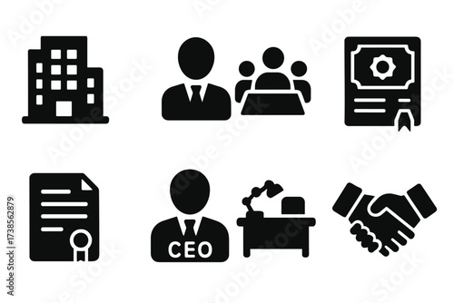 Tax Haven Icons. Solid, filled icon set of tax haven corporate structures: company building, shareholder, board meeting, stock certificate, contract, CEO,