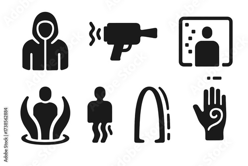 Invisibility Tech Icons. Solid, filled icon set of futuristic invisibility tech: active camo suit, optical disruptor, stealth drone, invisibility panel,