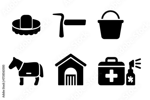Horse Care Icons. Solid, filled icon set of horse care: grooming brush, hoof pick, feed bucket, water trough, blanket, stable, veterinarian kit, fly spray.