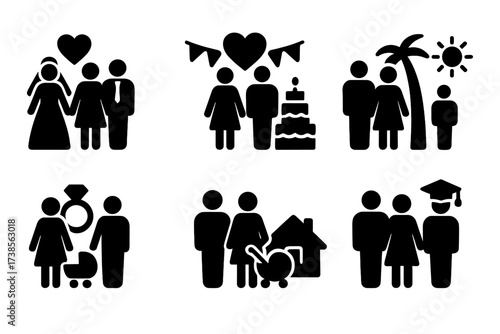 Celebration Icons Grid. Solid, filled icon set of couple celebrations: wedding, anniversary, birthday, holiday, engagement party, baby shower, housewarming,