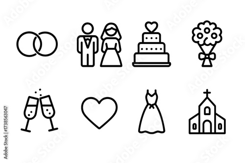 Marriage Icon Set. Outline icon set of marriage: wedding rings, bride and groom, wedding cake, bouquet, champagne glasses, heart, wedding dress, church. Line