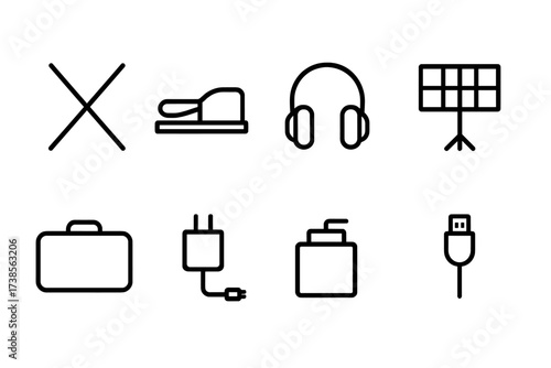 Keyboard Accessories Icons. Outline icon set of keyboard accessories: keyboard stand, sustain pedal, headphones, sheet music stand, carrying case, power