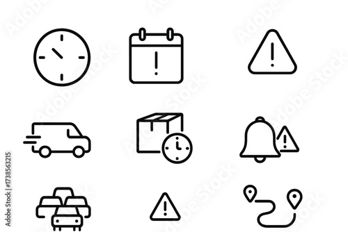 Shipment Delay Icons. Outline icon set of shipment delay: clock, calendar, exclamation mark, delivery van, package with clock, traffic jam, alert bell,