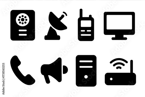 Communication Icon Grid. Solid, filled icon set of headquarters communication: intercom, satellite dish, walkie talkie, computer, phone, loudspeaker, server,