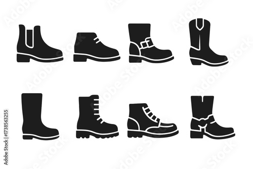 Boot Icon Grid. Solid, filled icon set of boot styles: Chelsea boots, chukka boots, engineer boots, western boots, rubber boots, leather boots, moc toe boots,