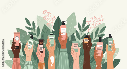 Diverse Hands Showcase Natural Skincare Products Surrounded by Lush Greenery and Blooming Plants