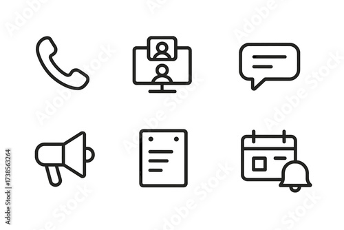 Office Communication Icons. Outline icon set of office communication: telephone, video conference, chat bubble, email, loudspeaker, memo, calendar invite,
